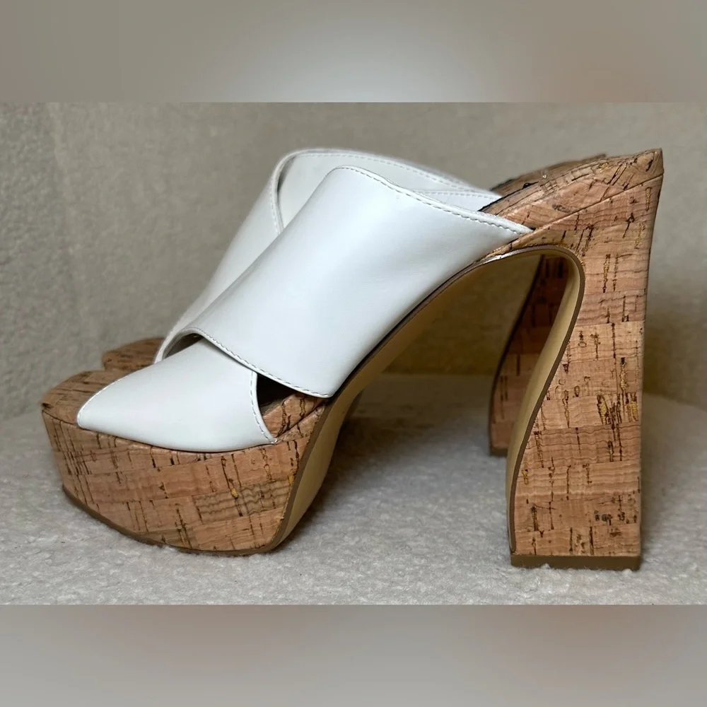 NWOT NINE WEST white‎ straps cork high heels platforms curved chunky summer 7.5